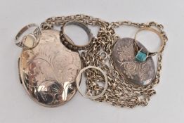 AN ASSORTMENT OF SILVER AND WHITE METAL JEWELLERY, to include a large silver locket, suspended