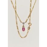 A 9CT GOLD RUBY AND DIAMOND PENDANT NECKLACE, designed with a claw set, oval cut ruby, suspended