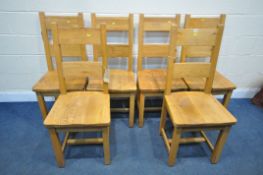 A SET OF SIX SOLID OAK BESP-OAK LADDER BACK CHAIRS (condition - all frames sturdy and in good