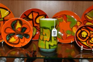 EIGHT PIECES OF 1960s/1970s DELPHIS RANGE POOLE POTTERY, comprising a green vase, height 15cm, two