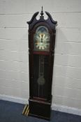 A MAHOGANY CHIMING LONGCASE CLOCK, the brass 9 inch dial with a moonphase movement, roman
