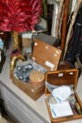 THREE MODERN TABLE LAMPS, TWO BOXES OF TOOL PARTS, A 19TH CENTURY COPPER WARMING PAN AND A COPPER