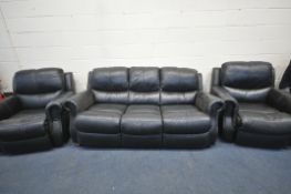 A BLACK LEATHER THREE PIECE SUITE, comprising a three seater settee, length 206cm x depth 100cm x