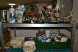 A BOX AND LOOSE CERAMICS, GLASS AND SUNDRY ITEMS, to include five Doulton Burslem shaped plates