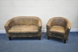 A BROWN UPHOLSTERED TUB TWO PIECE SUITE, comprising a two seater settee, width 120cm x depth 68m x