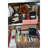 FIVE BOXES AND LOOSE METALWARE, DVDS, CLOCKS, GIFTS, ETC, including a boxed Apple iPhone 4 8GB,