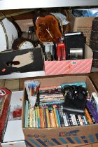 FIVE BOXES AND LOOSE METALWARE, DVDS, CLOCKS, GIFTS, ETC, including a boxed Apple iPhone 4 8GB,