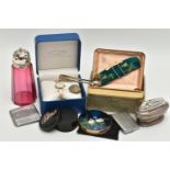 A BOX OF ASSORTED ITEMS, to include a 'Ronson' table lighter, two match stick cases, a 'Stratton'