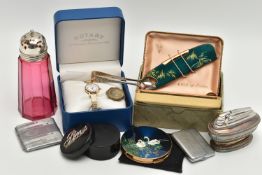 A BOX OF ASSORTED ITEMS, to include a 'Ronson' table lighter, two match stick cases, a 'Stratton'