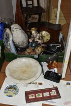 A BOX AND LOOSE OF CERAMICS, CAMERAS, EARLY 20TH CENTURY MANTEL CLOCK, LARGE GLASS VASE, FIRST DAY