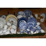 FIVE BOXES OF KITHEN CERAMICS AND GLASSWARE, including a quantity of Willow pattern dinnerware and