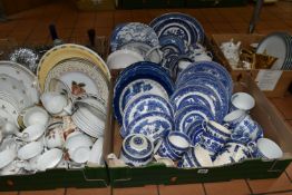 FIVE BOXES OF KITHEN CERAMICS AND GLASSWARE, including a quantity of Willow pattern dinnerware and