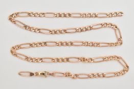 A 9CT GOLD FIGARO CHAIN, AF one link is broken, fitted with a lobster clasp, hallmarked 9ct