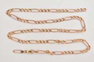 A 9CT GOLD FIGARO CHAIN, AF one link is broken, fitted with a lobster clasp, hallmarked 9ct