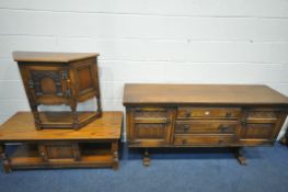 AN OLD CHARM OAK SIDEBOARD, with three drawers, width 163cm x depth 46cm x height 82cm, a matching