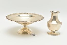 A GEORGE V SILVER BALUSTER VASE AND A MEXICAN SILVER PEDESTAL DISH, the vase S Blanckensee & Son