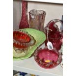 A GROUP OF CRANBERRY GLASS, WITH OTHER GLASS WARES AND CERAMICS, to include a cranberry vase of