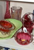 A GROUP OF CRANBERRY GLASS, WITH OTHER GLASS WARES AND CERAMICS, to include a cranberry vase of