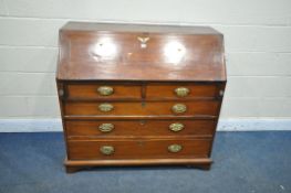 A GEORGIAN MAHOGANY BUREAU, with a fitted interior, above two short and three long drawers, on