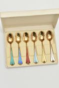 A BOXED SET OF SIX 'DAVID-ANDERSEN' ENAMEL TEASPOONS, gilt spoons each with a different colour