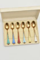 A BOXED SET OF SIX 'DAVID-ANDERSEN' ENAMEL TEASPOONS, gilt spoons each with a different colour
