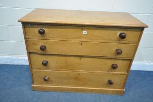 A 19TH CENTURY PINE CHEST OF FOUR LONG DRAWERS, with turned handles, width 110cm x depth 50cm x
