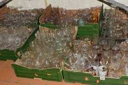 SIX BOXES OF DRINKING GLASSES, over two hundred and fifty pieces, to include some printed vintage