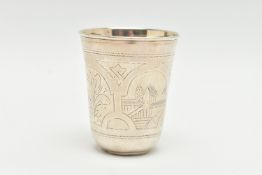 A RUSSIAN SILVER VODKA CUP, engraved decoration of alternating flowers and buildings, marked to
