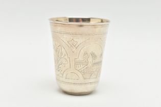 A RUSSIAN SILVER VODKA CUP, engraved decoration of alternating flowers and buildings, marked to