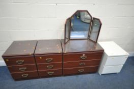 A MAHOGANY BEDROOM SUITE, comprising a chest of three drawers, triple dressing mirror, and a pair of