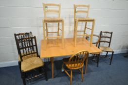 A MODERN BEECH FOLD OVER KITCHEN TABLE, along with five various chairs and two beech high chairs (