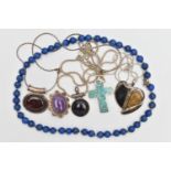 A BOX OF JEWELLERY, to include a beaded lapis lazuli necklace fitted with a white metal spring