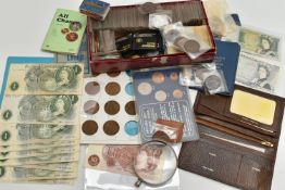 A BOX OF MIXED COINAGE, to include Bank of England Banknotes with Amounts of £1, Fforde 87R Ten