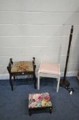 AN EDWARDIAN MAHOGANY PIANO STOOL, along with a painted dressing stool, a footstool and a standard
