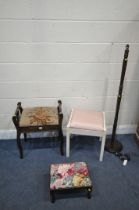 AN EDWARDIAN MAHOGANY PIANO STOOL, along with a painted dressing stool, a footstool and a standard