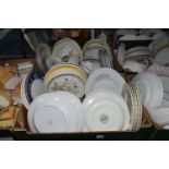 FIVE BOXES OF ASSORTED DINNER PLATES AND NOVELTY TEAPOTS, to include over one hundred plates in