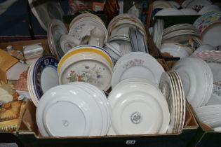 FIVE BOXES OF ASSORTED DINNER PLATES AND NOVELTY TEAPOTS, to include over one hundred plates in