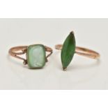 TWO GEM SET RINGS, the first a navette cabochon green hardstone, set in rose metal, stamps