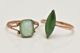 TWO GEM SET RINGS, the first a navette cabochon green hardstone, set in rose metal, stamps