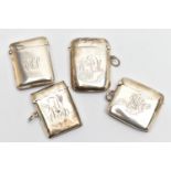FOUR EDWARDIAN / GEORGE V SILVER VESTA CASES OF RECTANGULAR FORM, all plain with engraved initials /