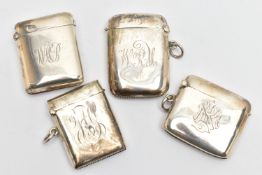 FOUR EDWARDIAN / GEORGE V SILVER VESTA CASES OF RECTANGULAR FORM, all plain with engraved initials /