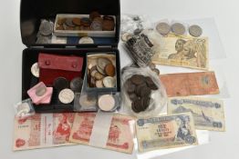 A PLASTIC BOX CONTAINING COINS AND BANKNOTES, to include Mauritius Banknotes 2x Five Rupees, 18x Ten