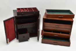 TWO JEWELLERY BOXES, the first a wooden box with five draws of storage, approximate dimensions
