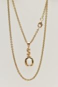 A SYNTHETIC OPAL PENDANT AND A 9CT GOLD BELCHER CHAIN, the yellow metal drop pendant, four claw