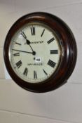 A VICTORIAN STYLE CIRCULAR WALL CLOCK, painted dial with Carpenter Hay-Mills, mahogany case, brass