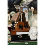TWO BOXES OF EPHEMERA AND TREEN, to include a Victorian architectural form black slate mantel