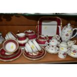 A WEDGWOOD 'ULANDER' PATTERN W1813 TEA SET, comprising a square cake plate, teapot, covered sugar