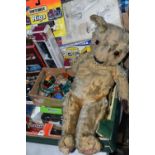 ONE BOX OF VINTAGE TOYS AND BEAR, to include a mid-century playworn teddy bear (growler not