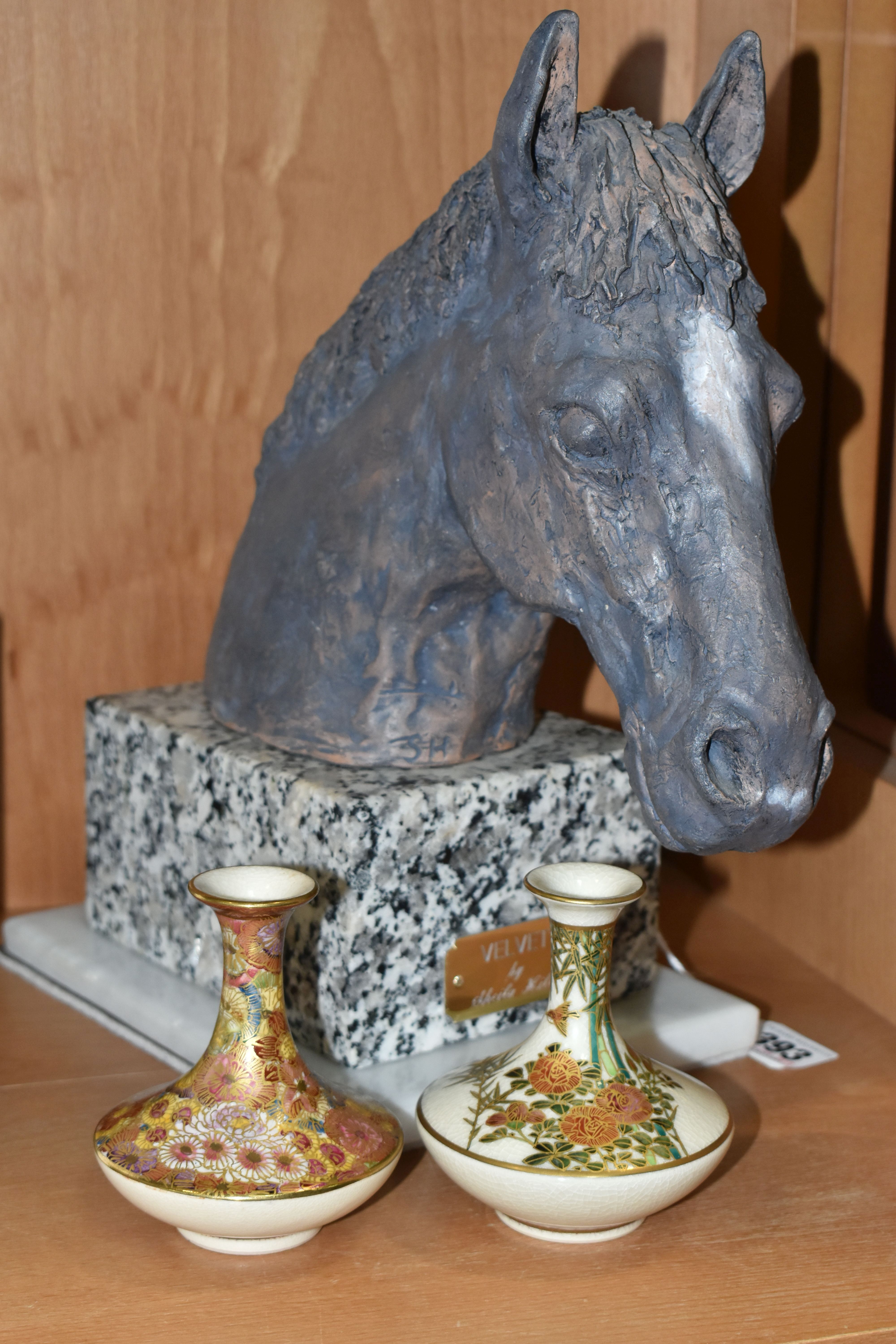 A SCULPTURE OF A HORSE AND TWO SATSUMA VASES, comprising a ceramic sculpture of a horse's head and