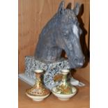 A SCULPTURE OF A HORSE AND TWO SATSUMA VASES, comprising a ceramic sculpture of a horse's head and